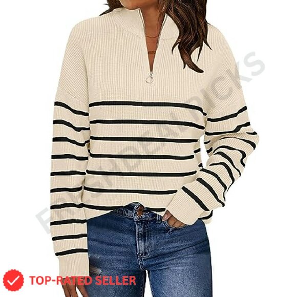Quarter Zip Oversized Sweater Striped Mock Turtleneck Fall Winter Pullover - Picture 2 of 8